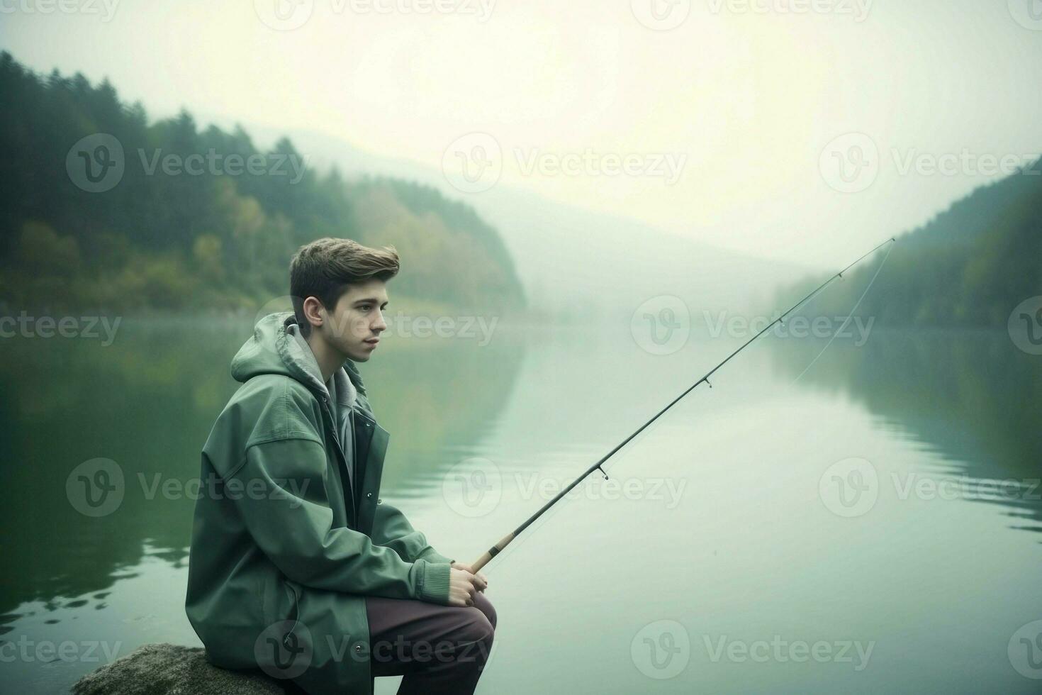 lago pesca uomo. creare ai foto