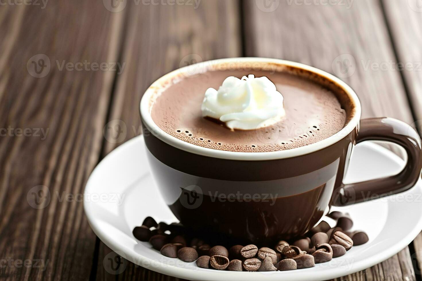 fragrante caldo cioccolato nel un' tazza su il tavolo nel un' caffè negozio. mondo cioccolato giorno. generativo ai. foto