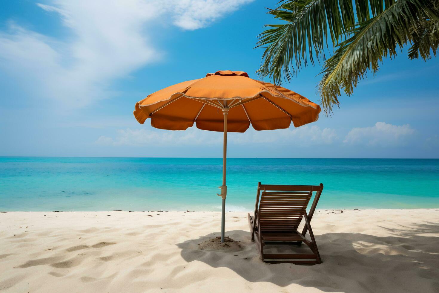 spiaggia sedie ombrelli e Noce di cocco alberi foto