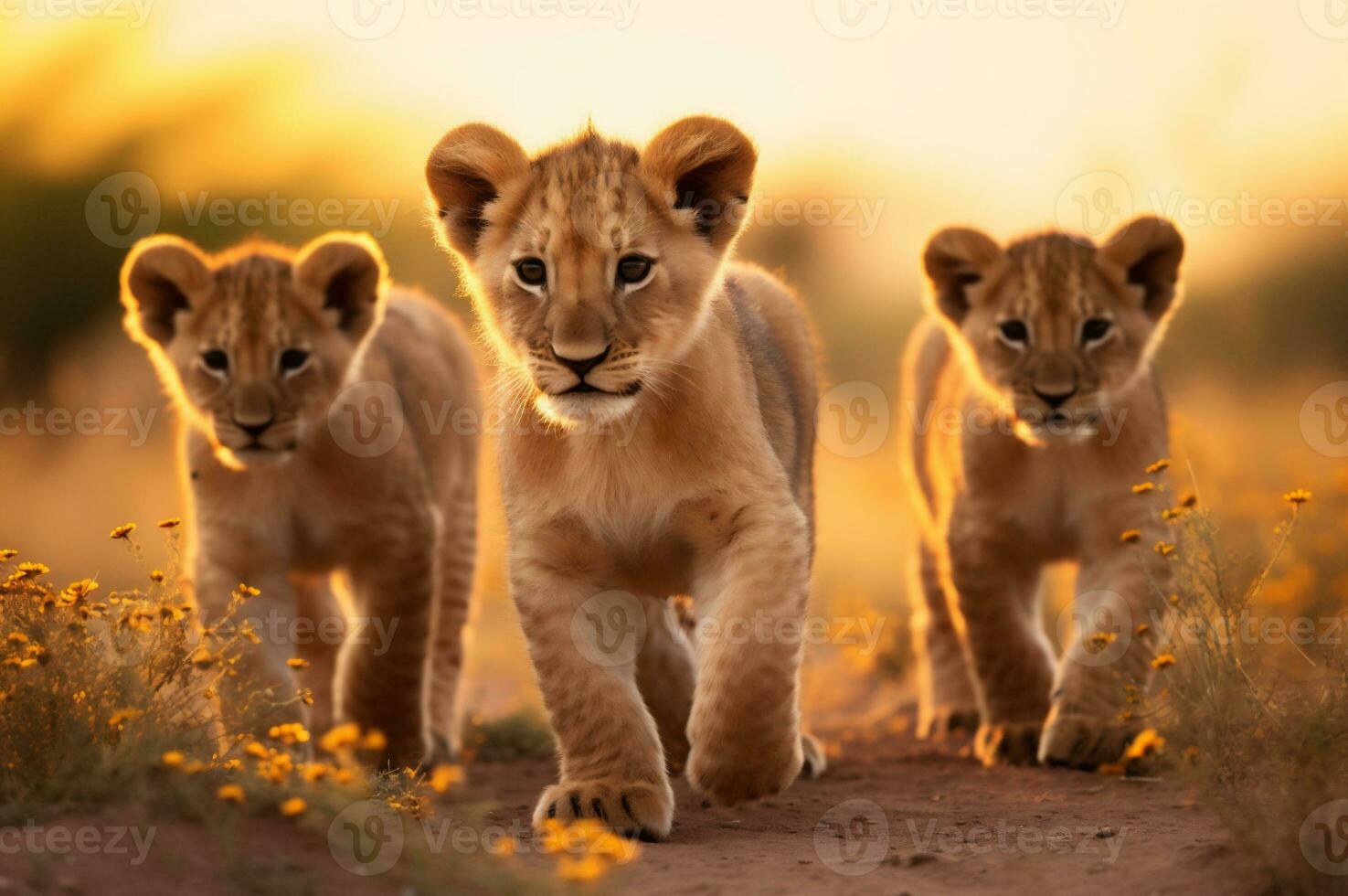 Leone cuccioli nel il africano savana durante il d'oro ora di il giorno. ai generato foto