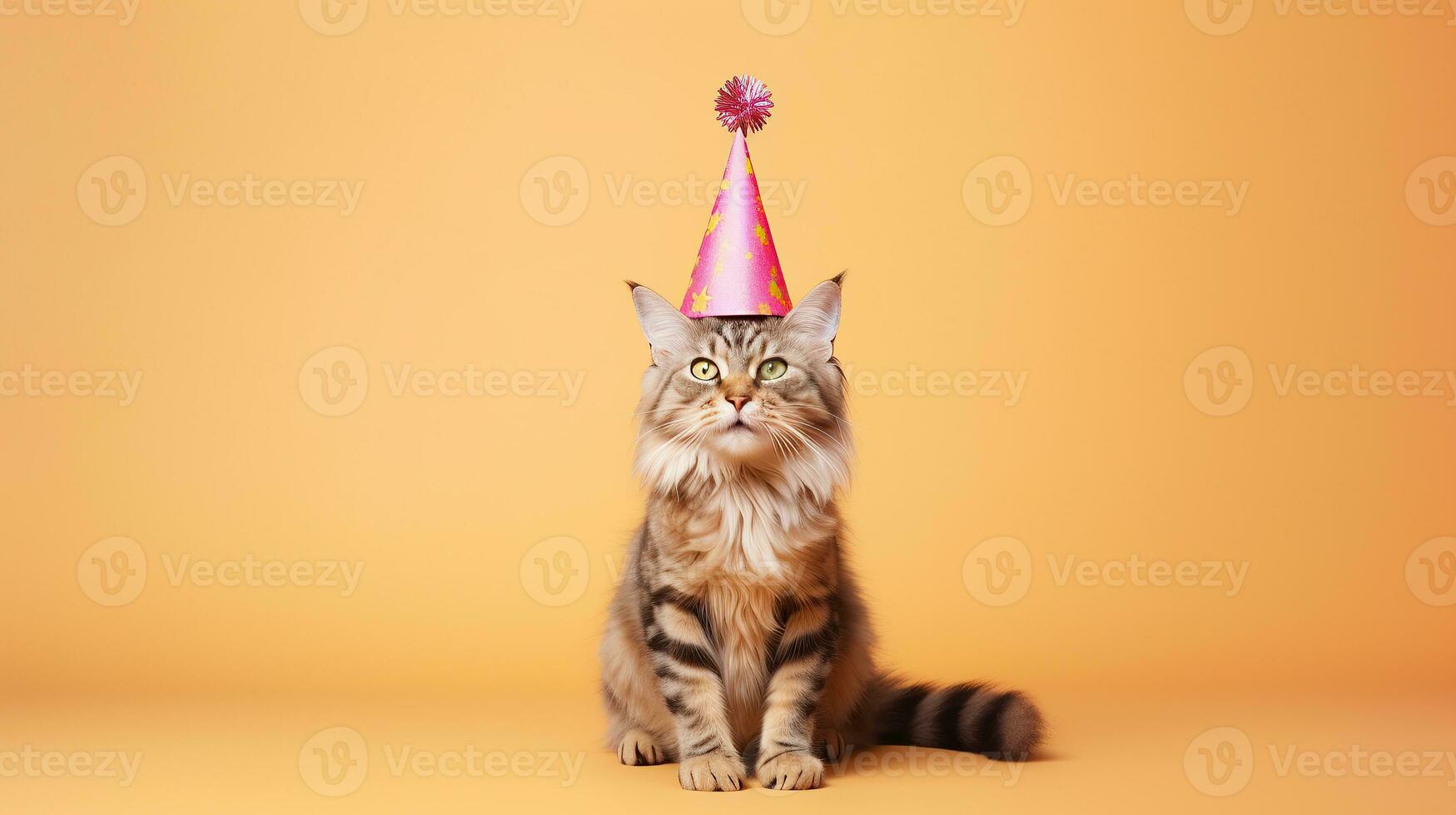 carino gatto con cono cappello e collana cravatta a farfalla su isolato sfondo.felice compleanno concetto.creato con generativo ai tecnologia foto