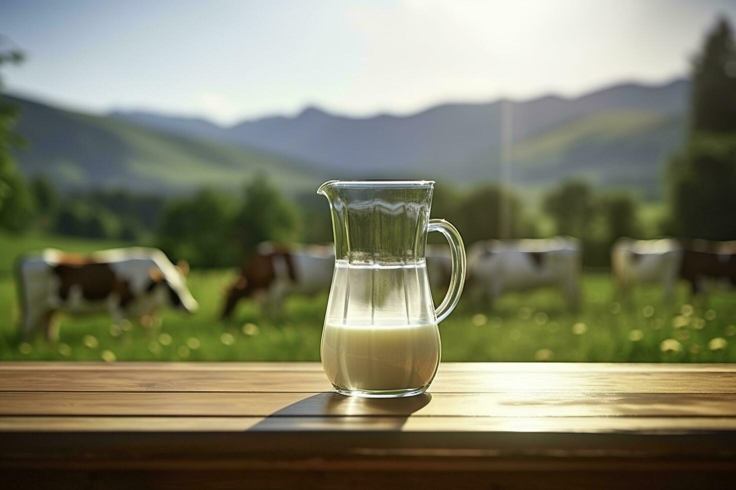 bicchiere brocca con fresco latte su un' di legno tavolo. ai generato foto