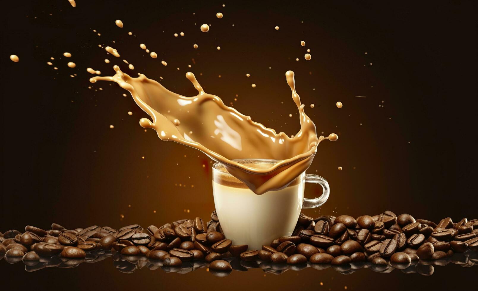 caldo liquido caffè spruzzo con caffè fagiolo cadente, 3d illustrazione. ai generato foto
