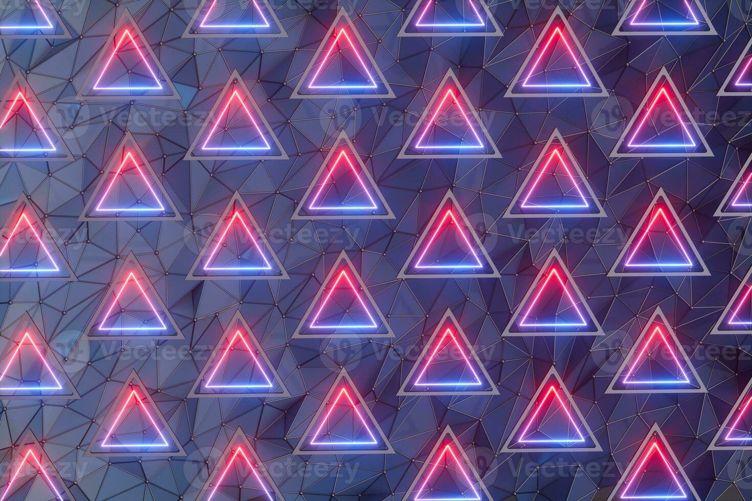 ripetendo neon triangoli con griglia sfondo, 3d resa. foto