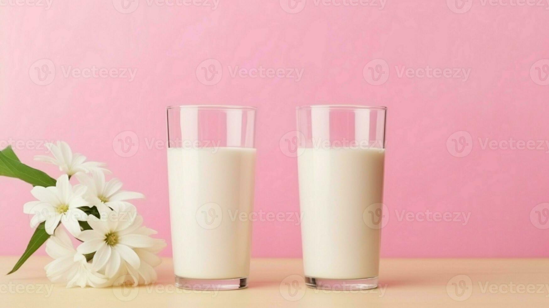 Due bicchiere di latte con fiore su un' di legno tavolo nel un' rosa sfondo, nutriente e salutare latteria prodotti concetto. foto