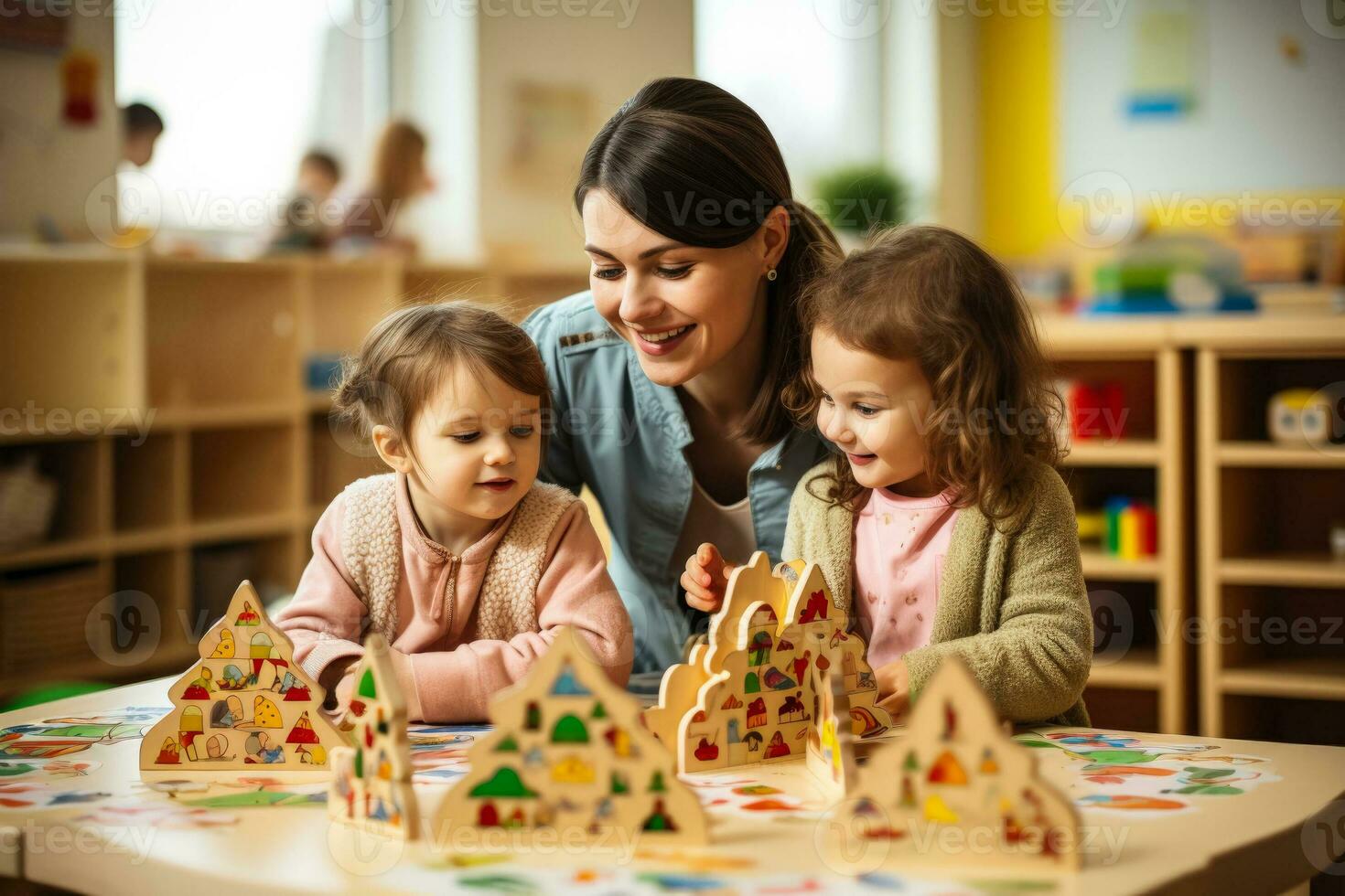 prescolastico insegnante e bambini giocando con colorato di legno giocattoli foto