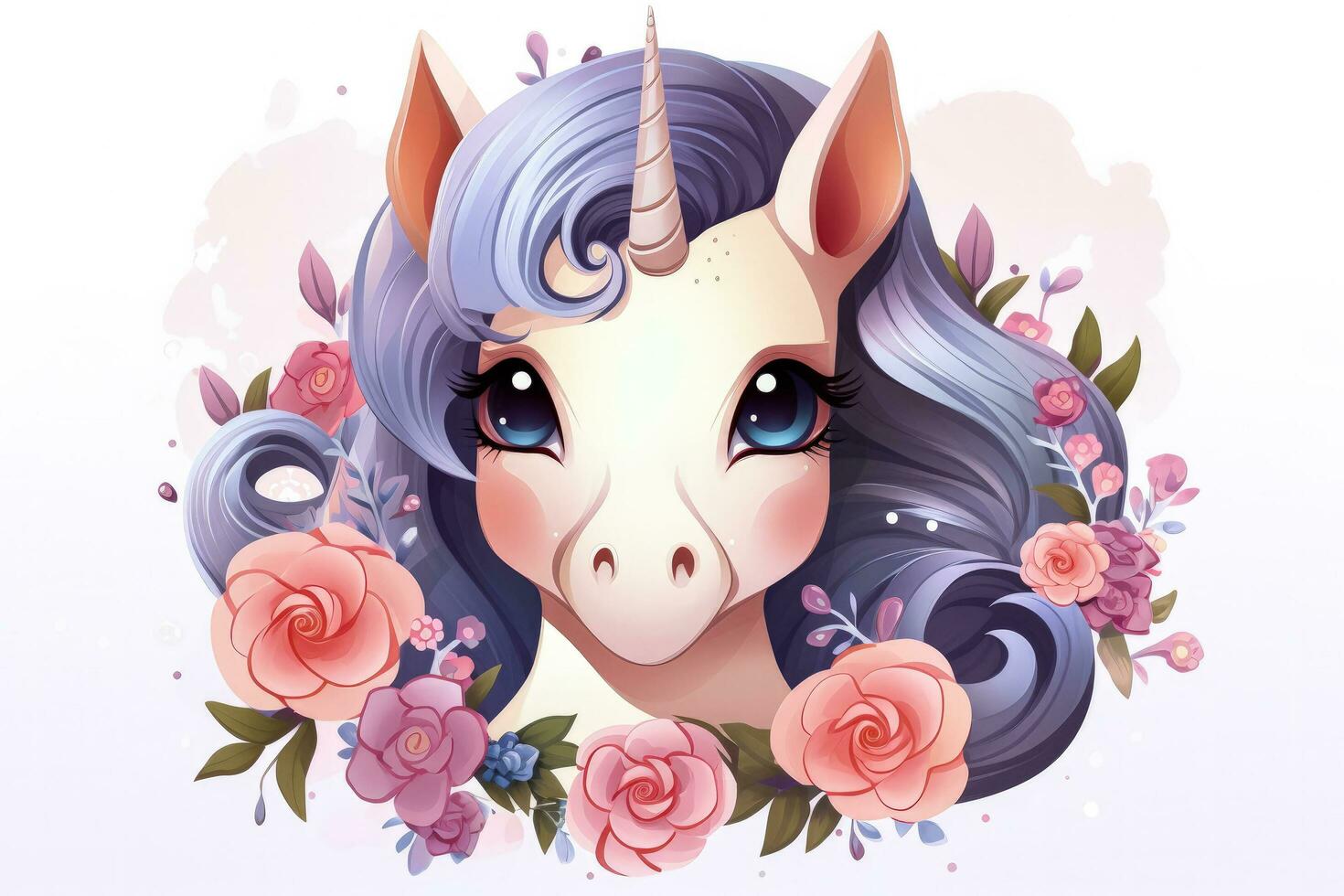 carino unicorno con fiori isolato su un' bianca sfondo foto