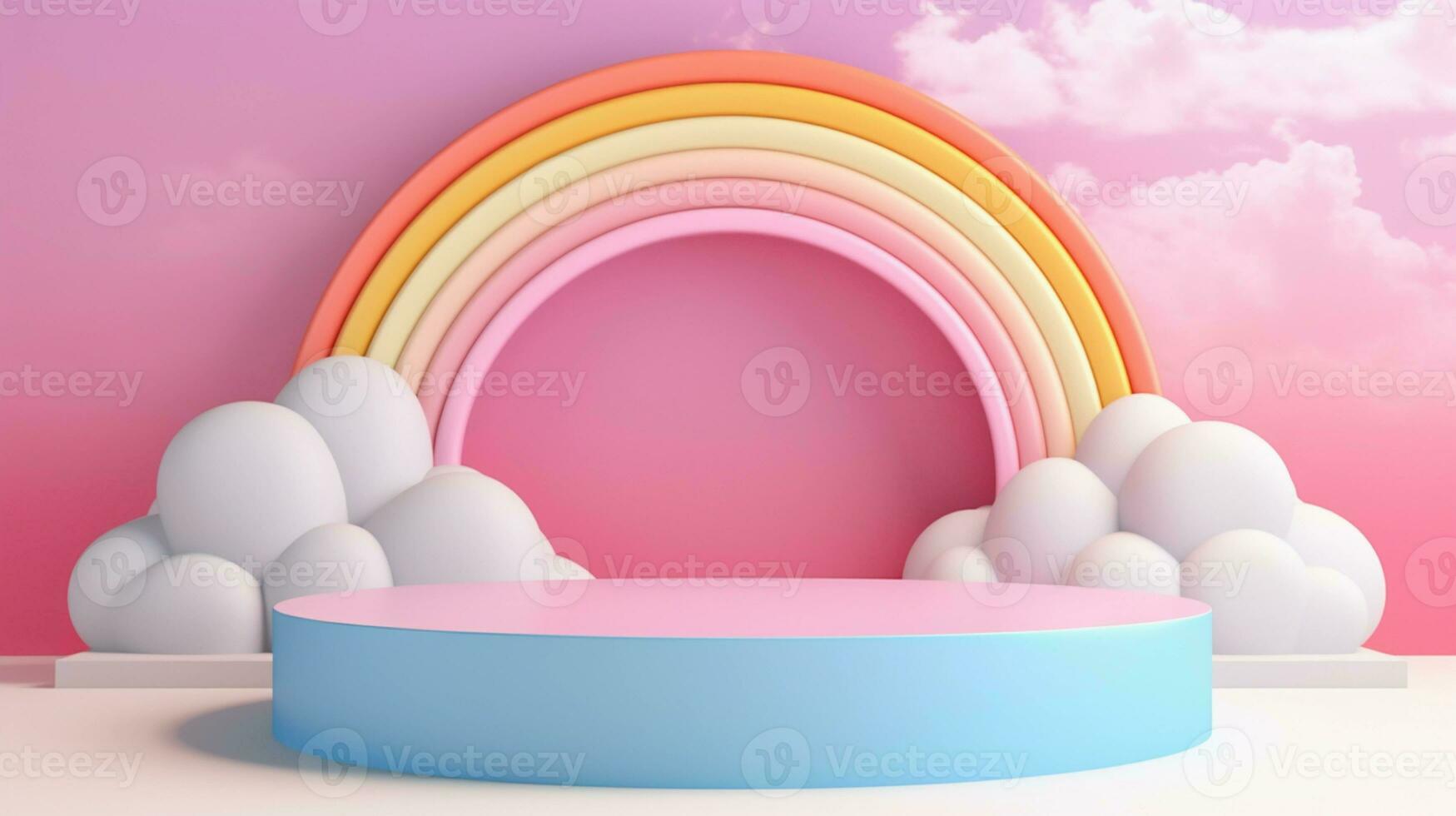 3d interpretazione podio ragazzo stile, colorato sfondo, nuvole e tempo metereologico con vuoto spazio per bambini o bambino Prodotto. luminosa colori. foto