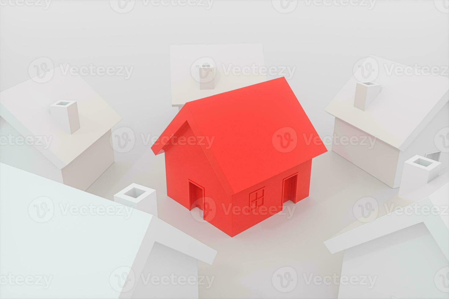 un' piccolo rosso Casa modello circondato di il bianca case, 3d resa. foto