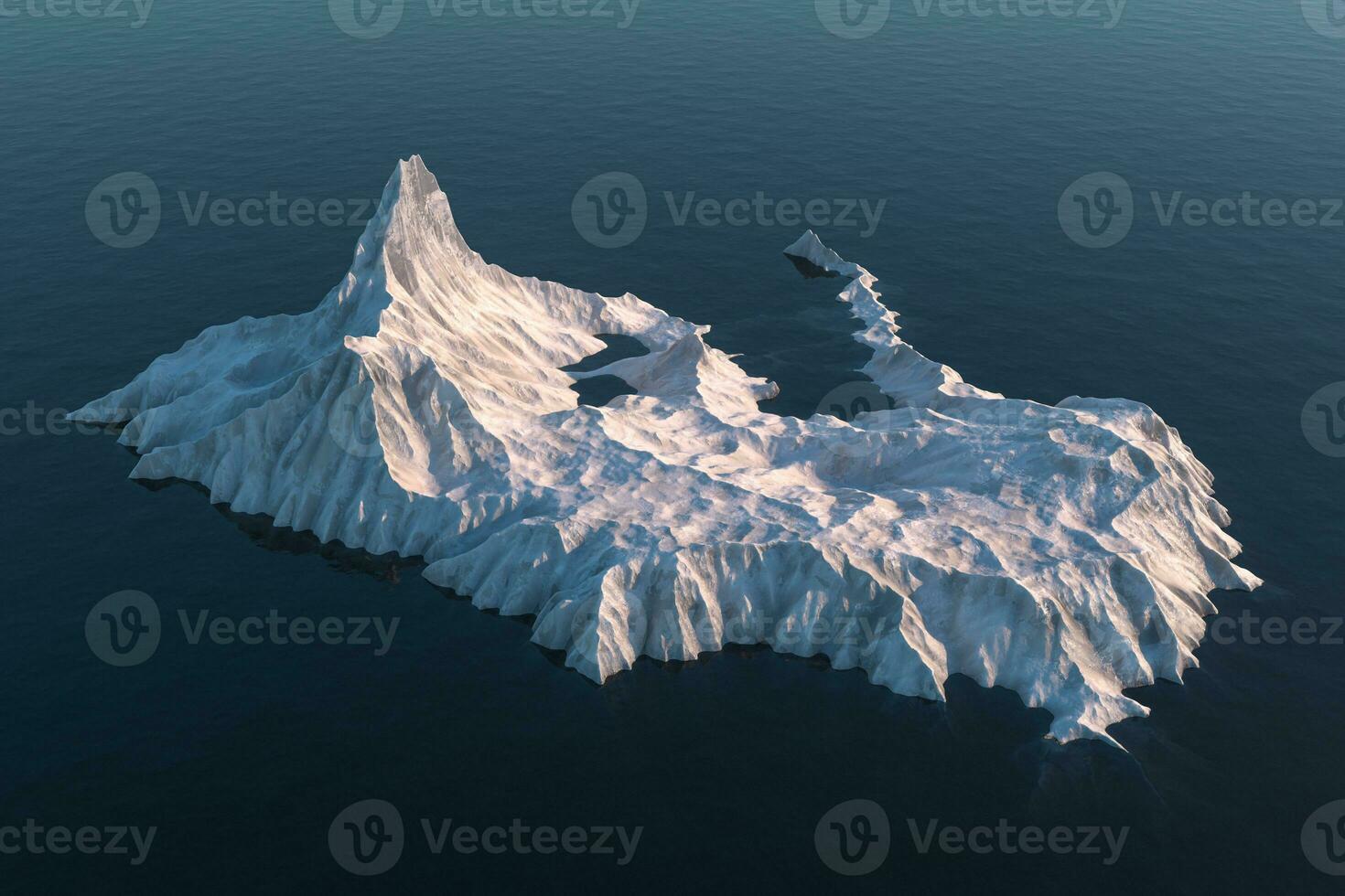 un isola di neve montagna su il mare, 3d resa. foto