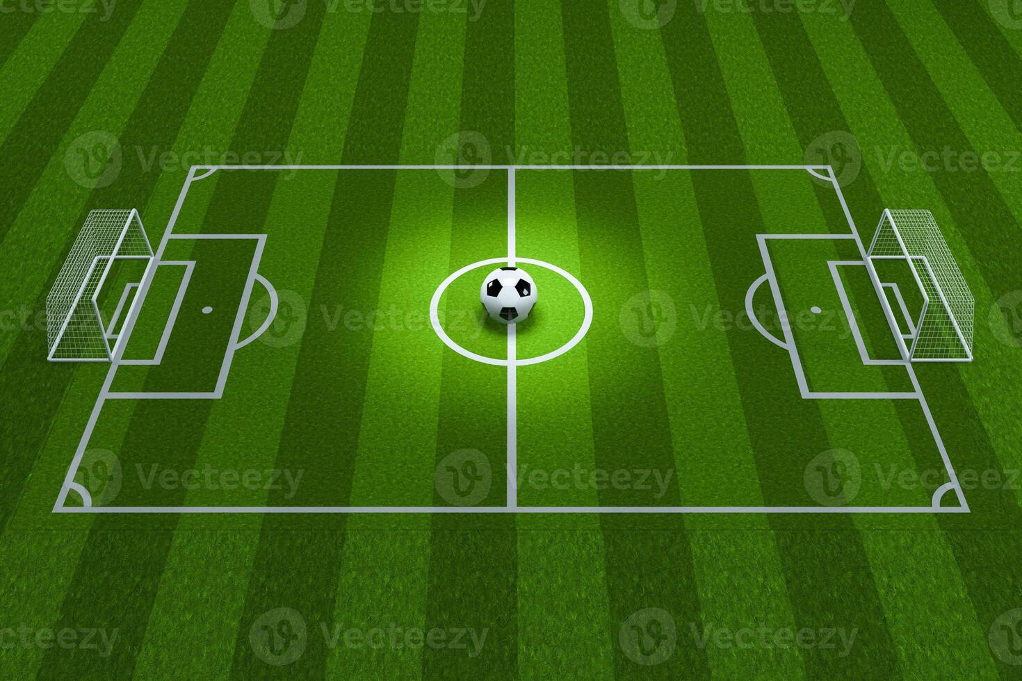 il calcio nel il calcio campo con superiore leggero illuminato, 3d resa. foto