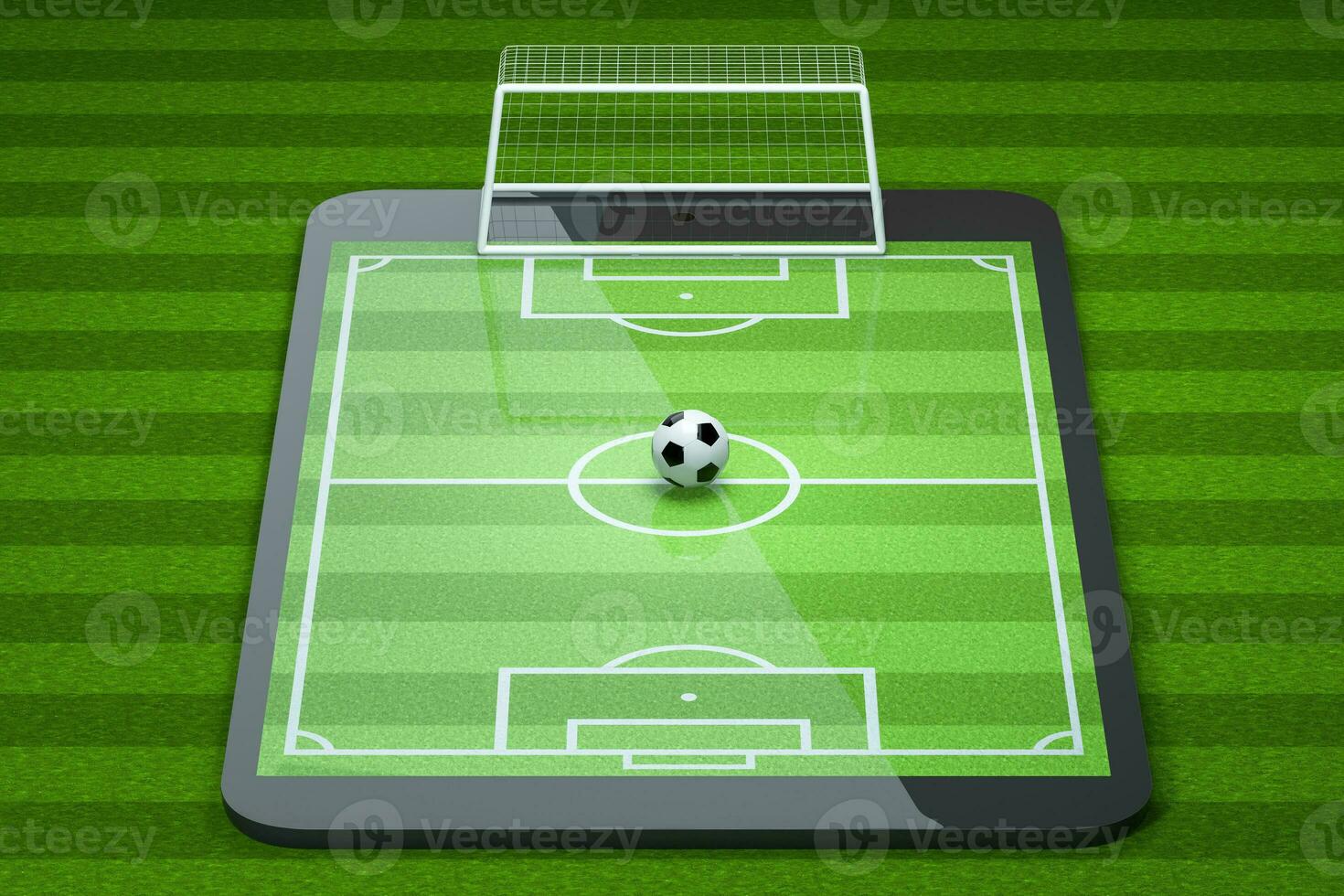 il calcio nel il calcio campo su il pad, virtuale realtà, 3d resa. foto