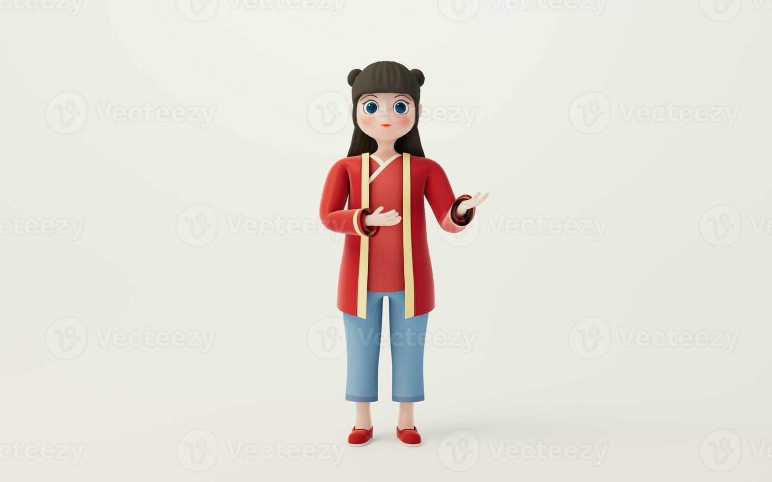 un' Cinese ragazza con bianca sfondo, cartone animato carattere, 3d resa. foto