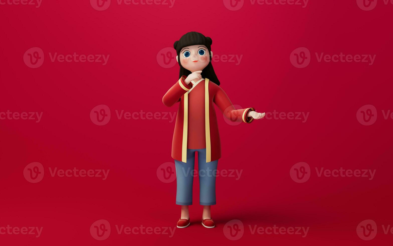 un' Cinese ragazza con rosso sfondo, cartone animato carattere, 3d resa. foto