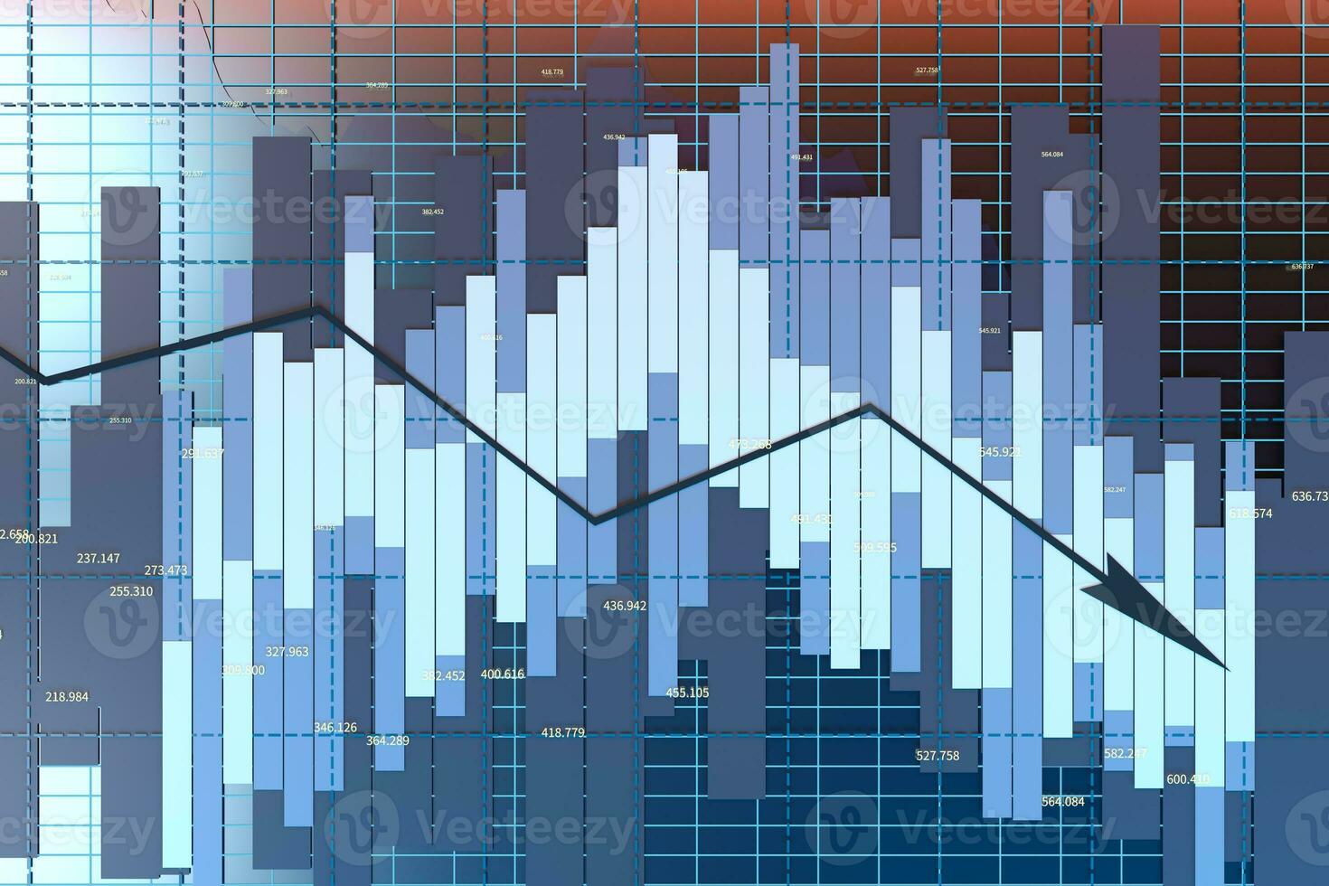 il diminuire di il economico dati, attività commerciale statistiche, 3d resa. foto