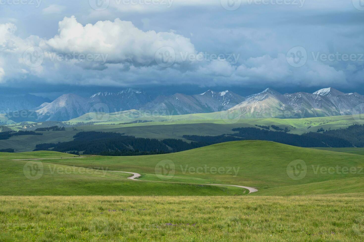 prateria e montagne nel un' nuvoloso giorno. foto nel kalajun prateria nel xinjiang, Cina.