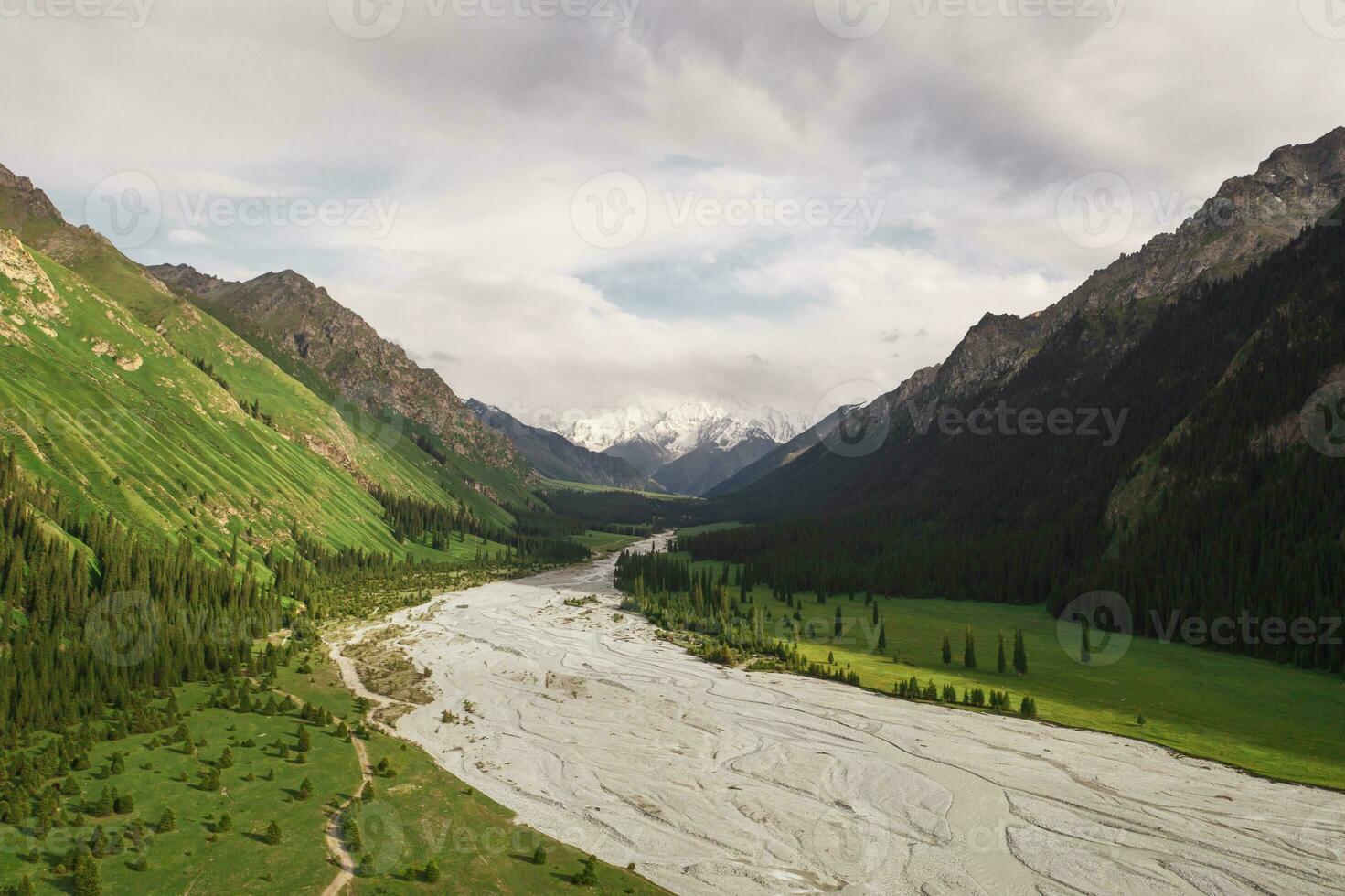 fiume e montagne con bianca nuvole. foto