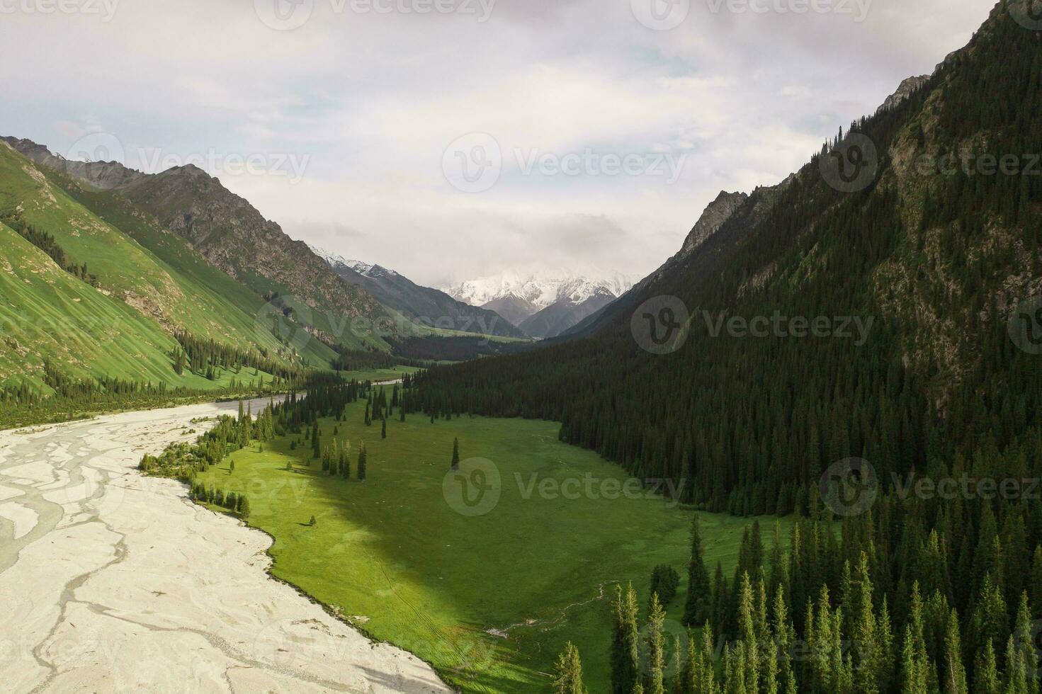 fiume e montagne con bianca nuvole. foto