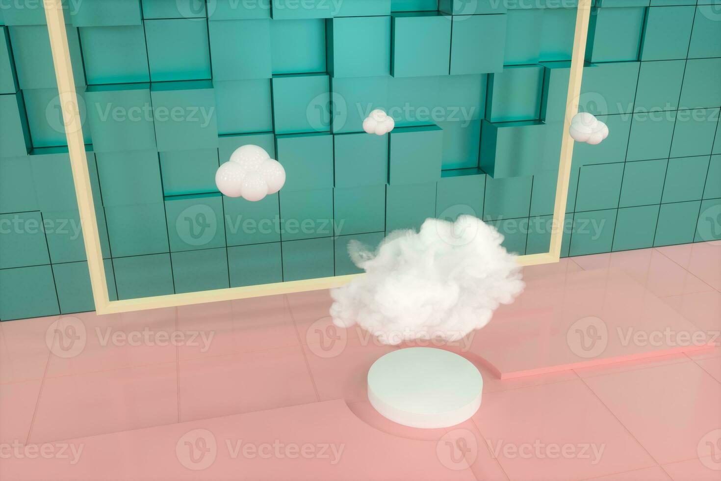 cartone animato nuvole e cartone animato cubi, geometria stanza, 3d resa. foto