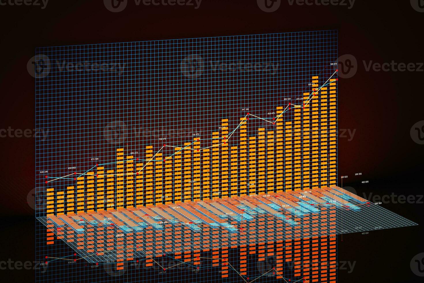 attività commerciale grafico con linea grafico, bar grafico e numeri su buio sfondo, 3d interpretazione foto