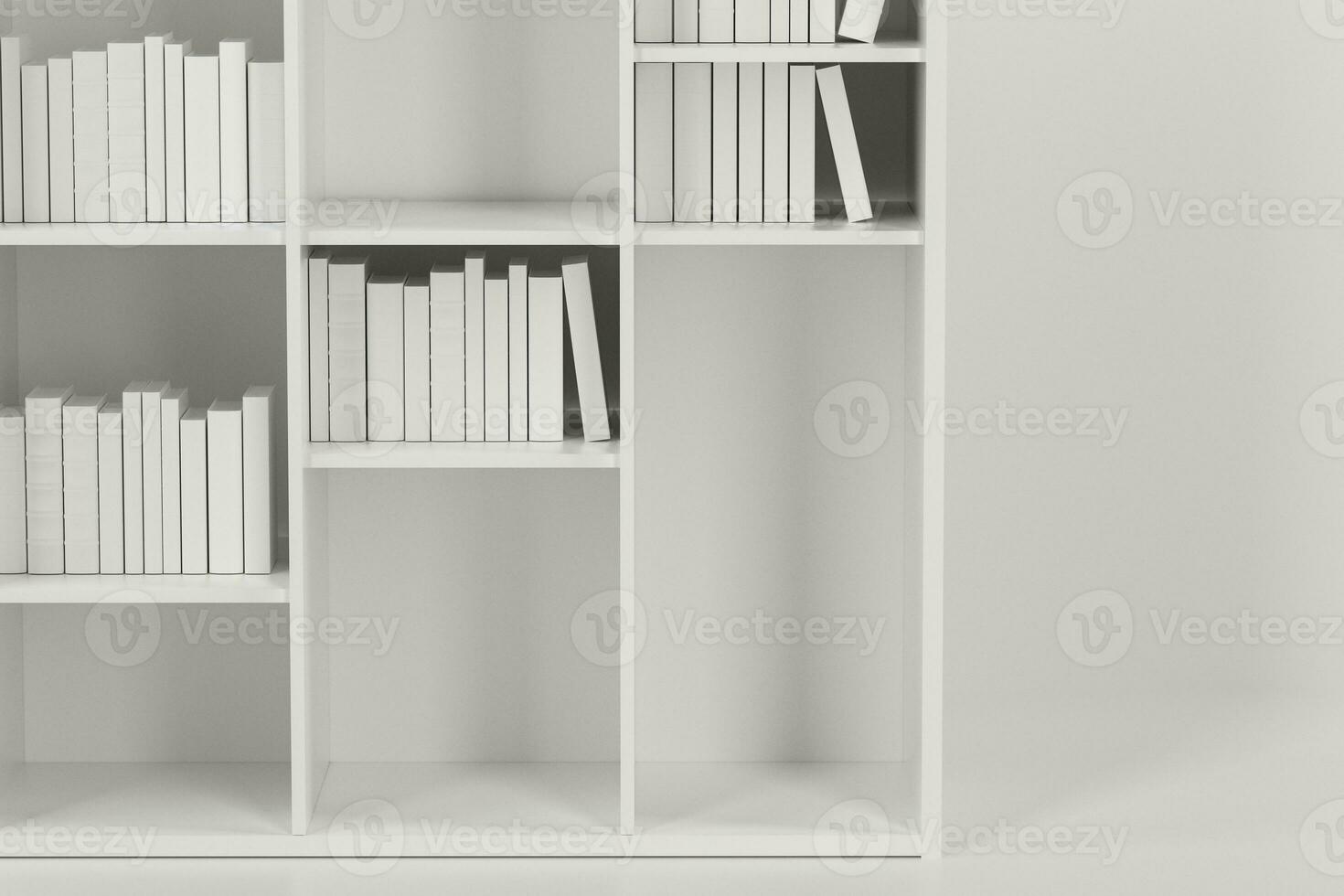 scaffale con libri dentro nel il vuoto nuovo Casa, 3d resa. foto