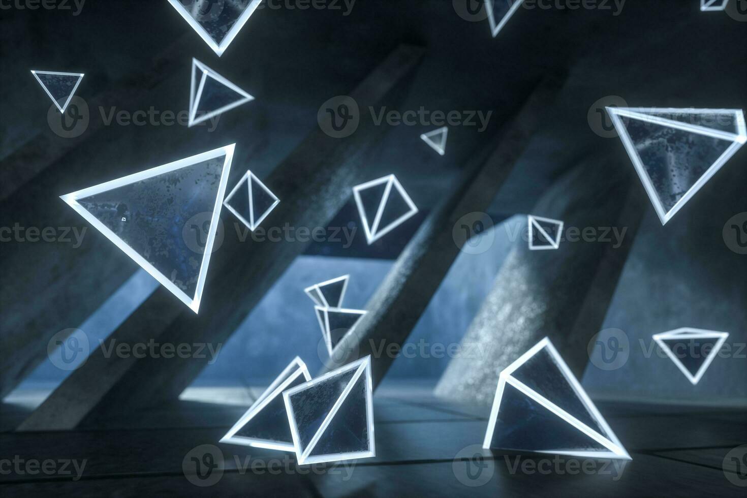 3d rendering, raggiante Magia triangoli nel abbandonato camera, buio sfondo foto