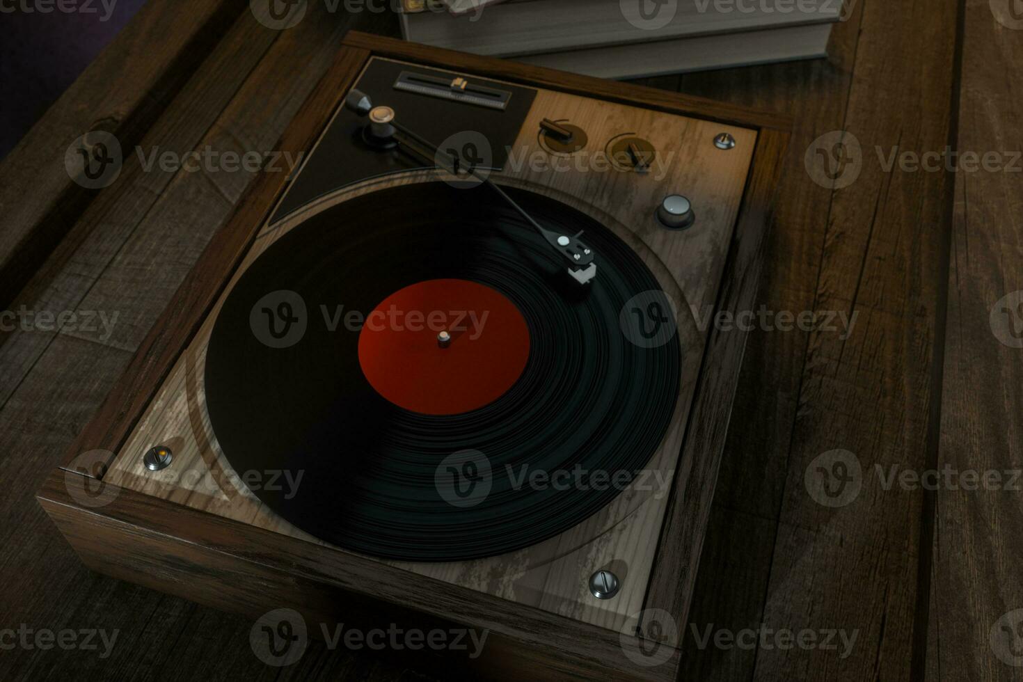 il vecchio di legno vinile disco giocatore su il tavolo, 3d resa. foto