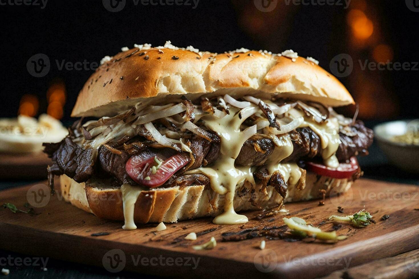 cibo fotografia di un' succoso Hamburger con croccante lattuga e fuso formaggio, perfettamente impilati fra Due tostato panini. foto
