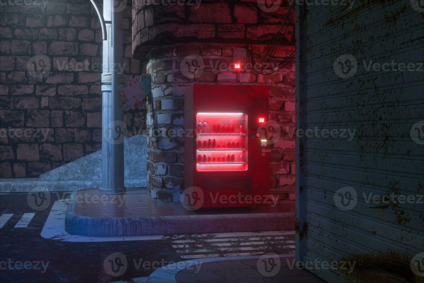 un' retrò strada con vending macchine su il lato di il strada a notte, 3d resa. foto