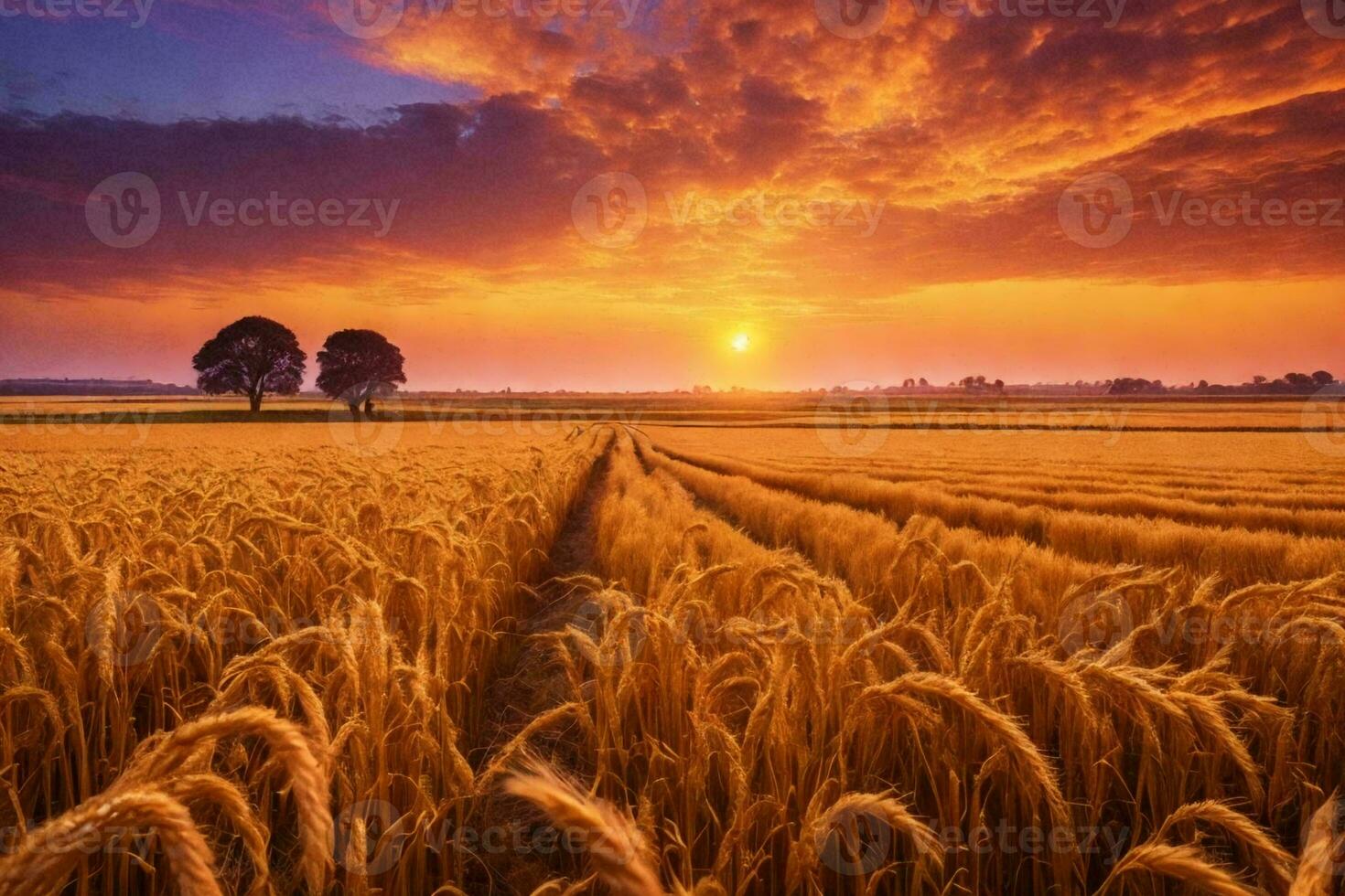 un' d'oro Grano campo nel il campagna a tramonto foto