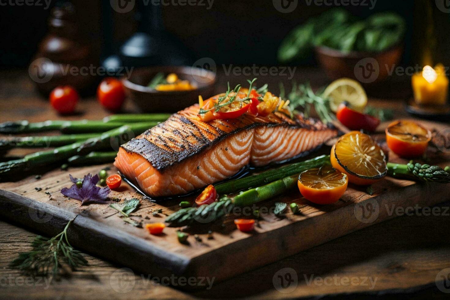 salmone verdure erbe aromatiche piatto cibo buio sfondo foto