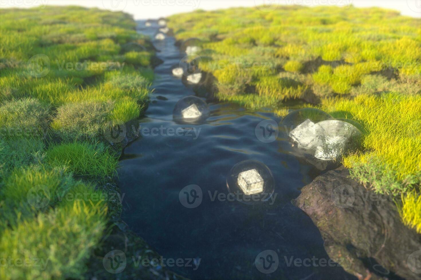 il fantasia lanterne nel il fiume fra montagne, 3d interpretazione foto