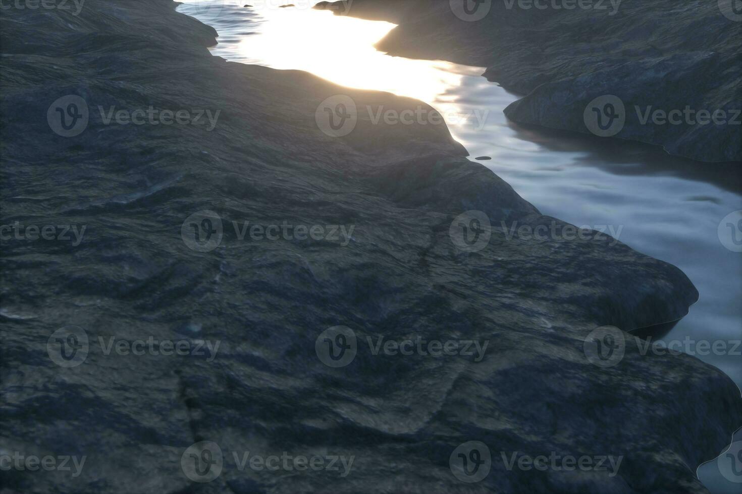 il fiume fra il montagne nel il mattina, 3d interpretazione foto