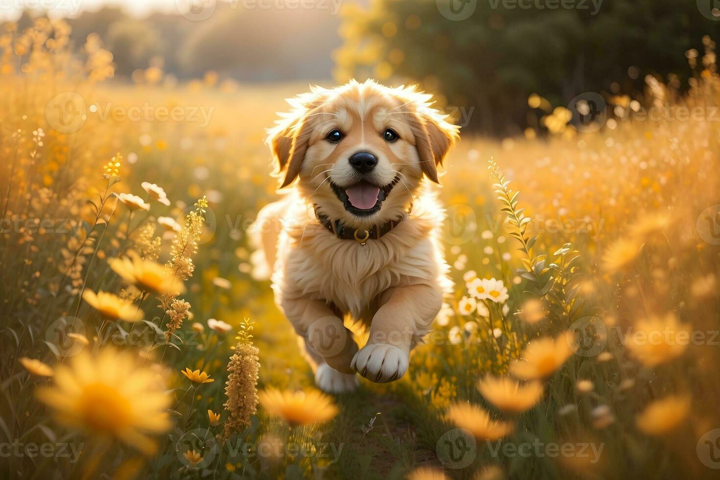 un' giocoso d'oro cane da riporto cucciolo in esecuzione attraverso un' prato di fiori selvatici foto