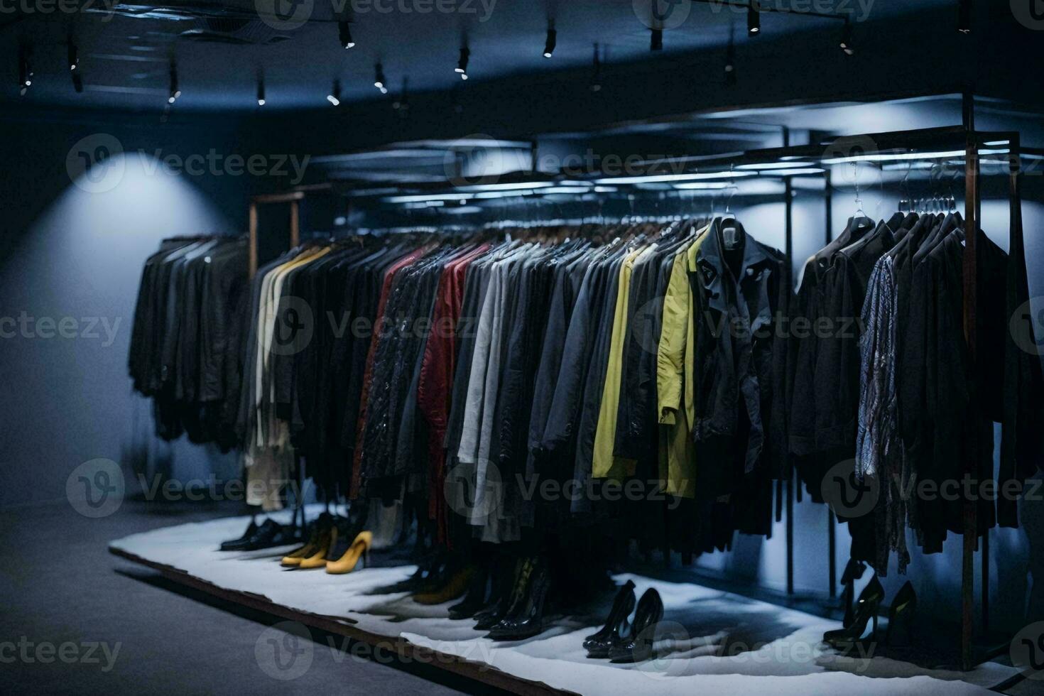 moda fotografia di un' grande collezione di capi di abbigliamento sospeso nel un' moderno boutique. foto