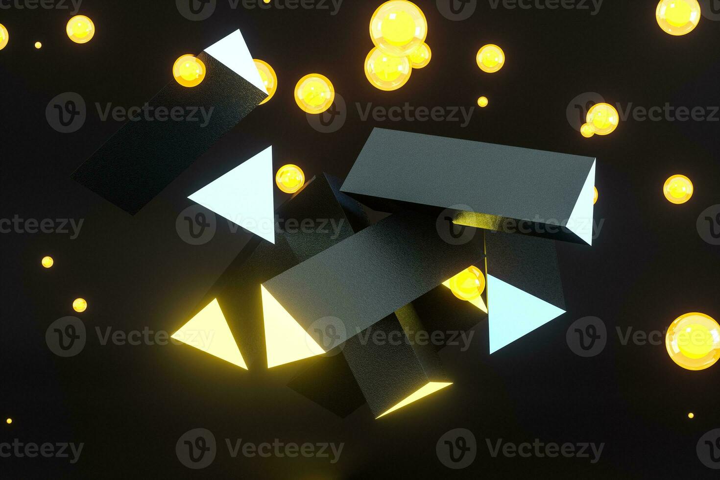 3d rendering, giallo raggiante triangolo pilastro con buio sfondo, foto