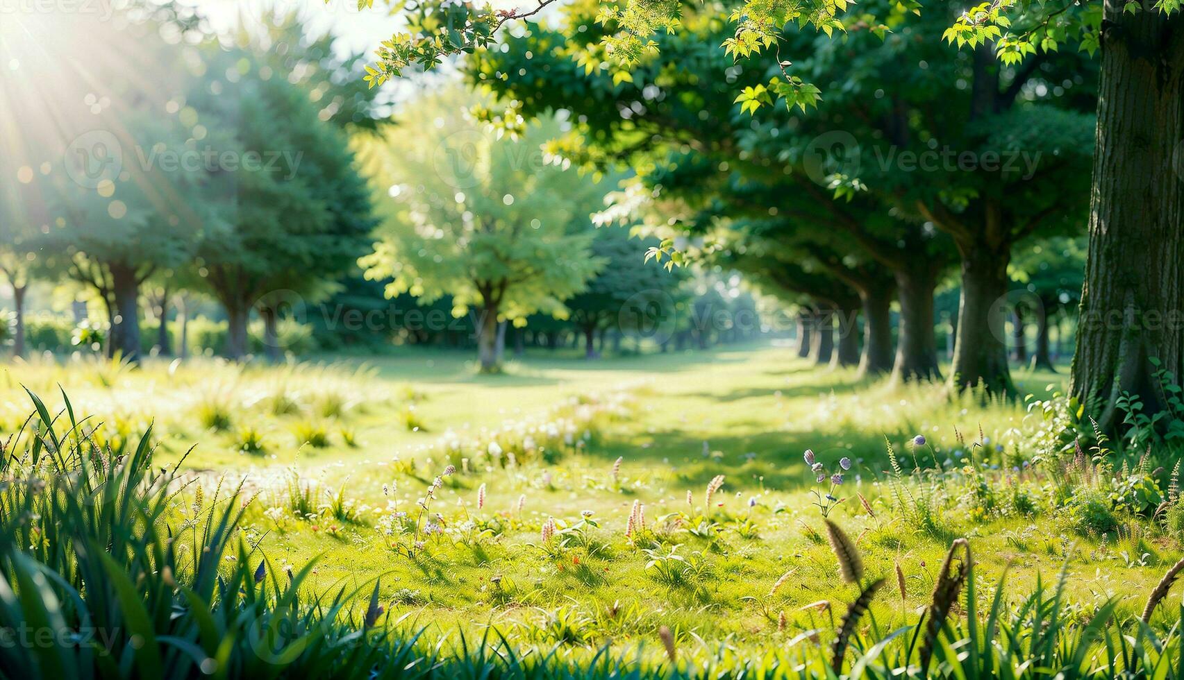 sfocato verde alberi nel un' sereno foresta con selvaggio erba e sole travi ai generato foto