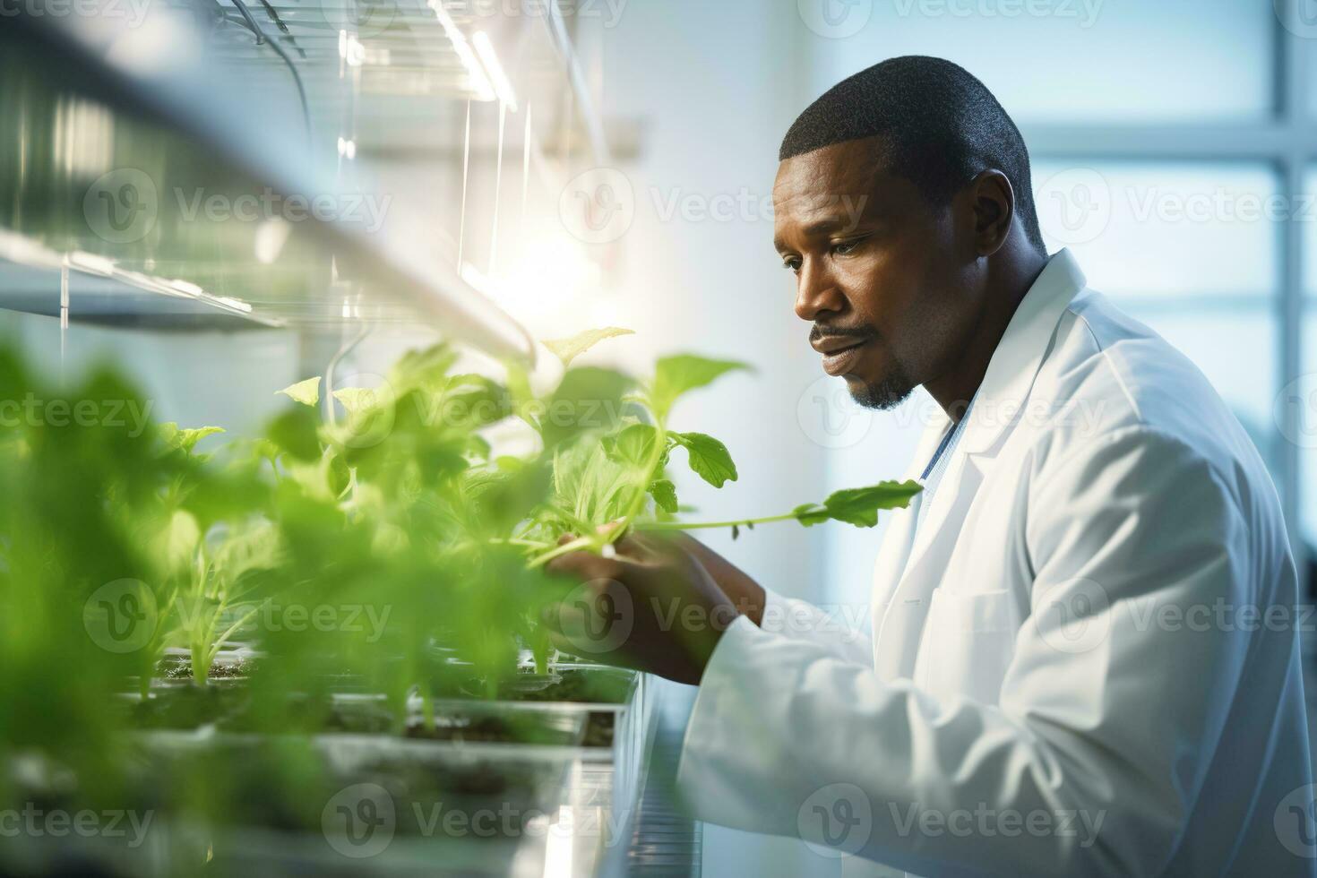 africano americano botanico ispezionando impianti nel un' laboratorio utilizzando genetico ingegneria e coltura idroponica, moderno pianta scienza e biotecnologia ai generativo foto
