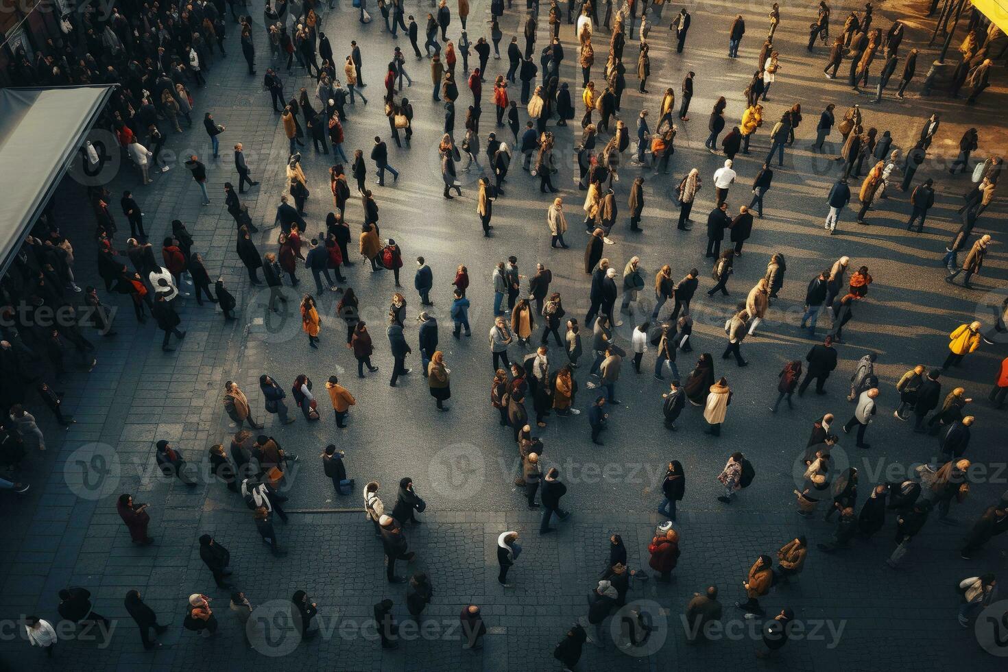 superiore Visualizza folla di persone a piedi su il strada ai generativo foto