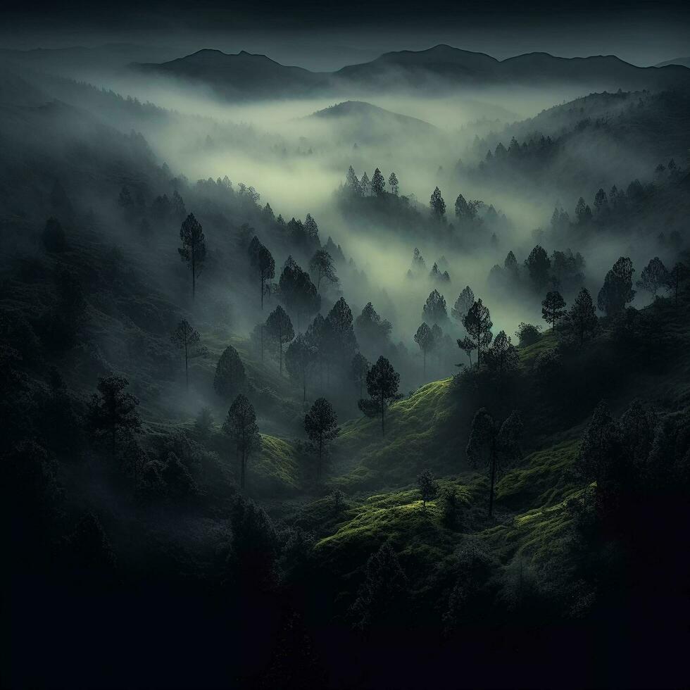 astratto colline e alberi paesaggio con nebbioso atmosfera foto