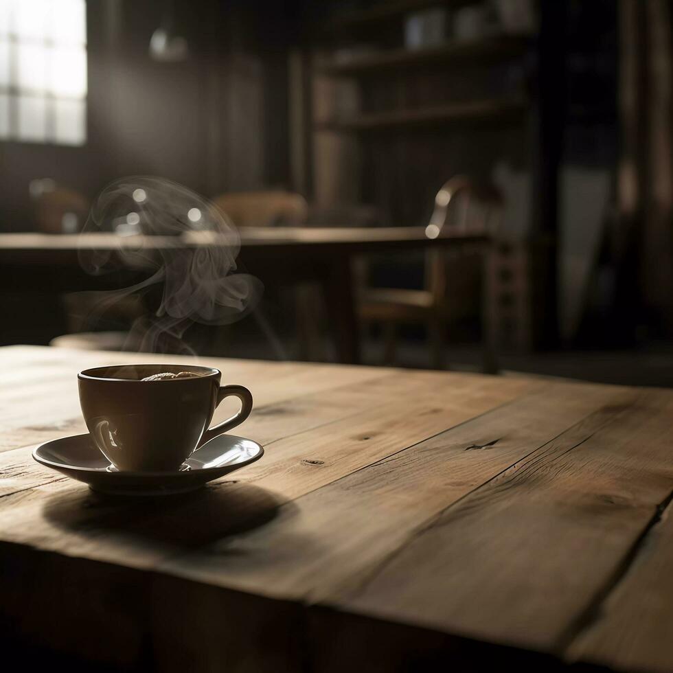 caffè tazza su rustico di legno tavolo con defocussed cucina nel il sfondo - generativo ai foto