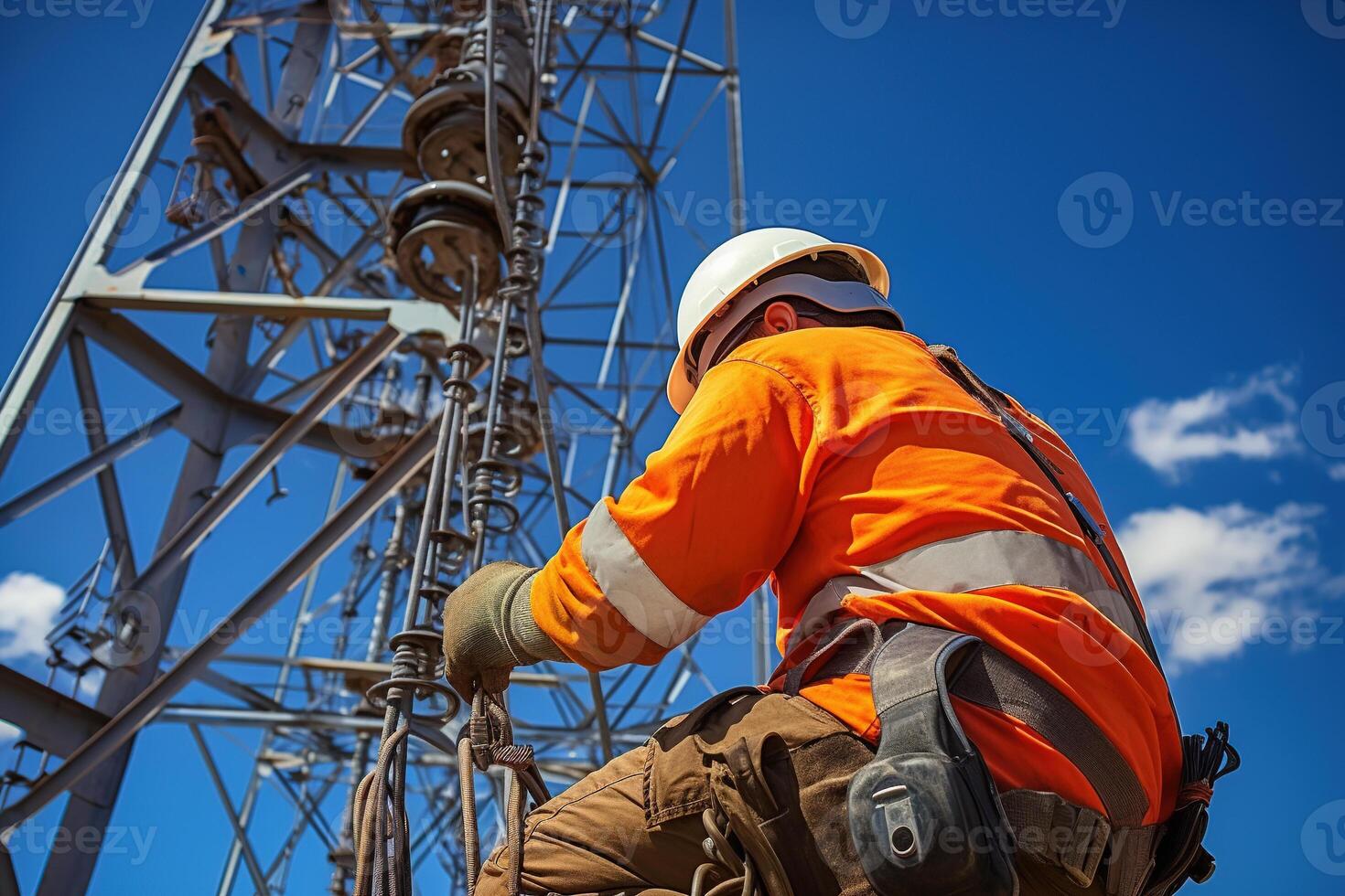 elettrico ingegneri diligentemente opera su elettrico pilone trasmissione torri, garantendo affidabile energia distribuzione ai generativo foto