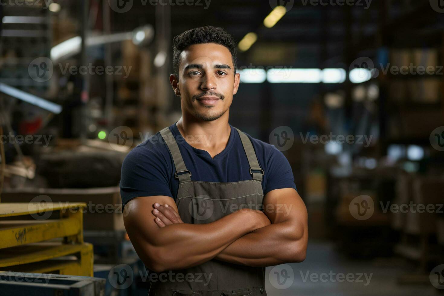 fiducioso maschio fabbrica lavoratore con braccia attraversato, industriale laboratorio industria ai generativo foto