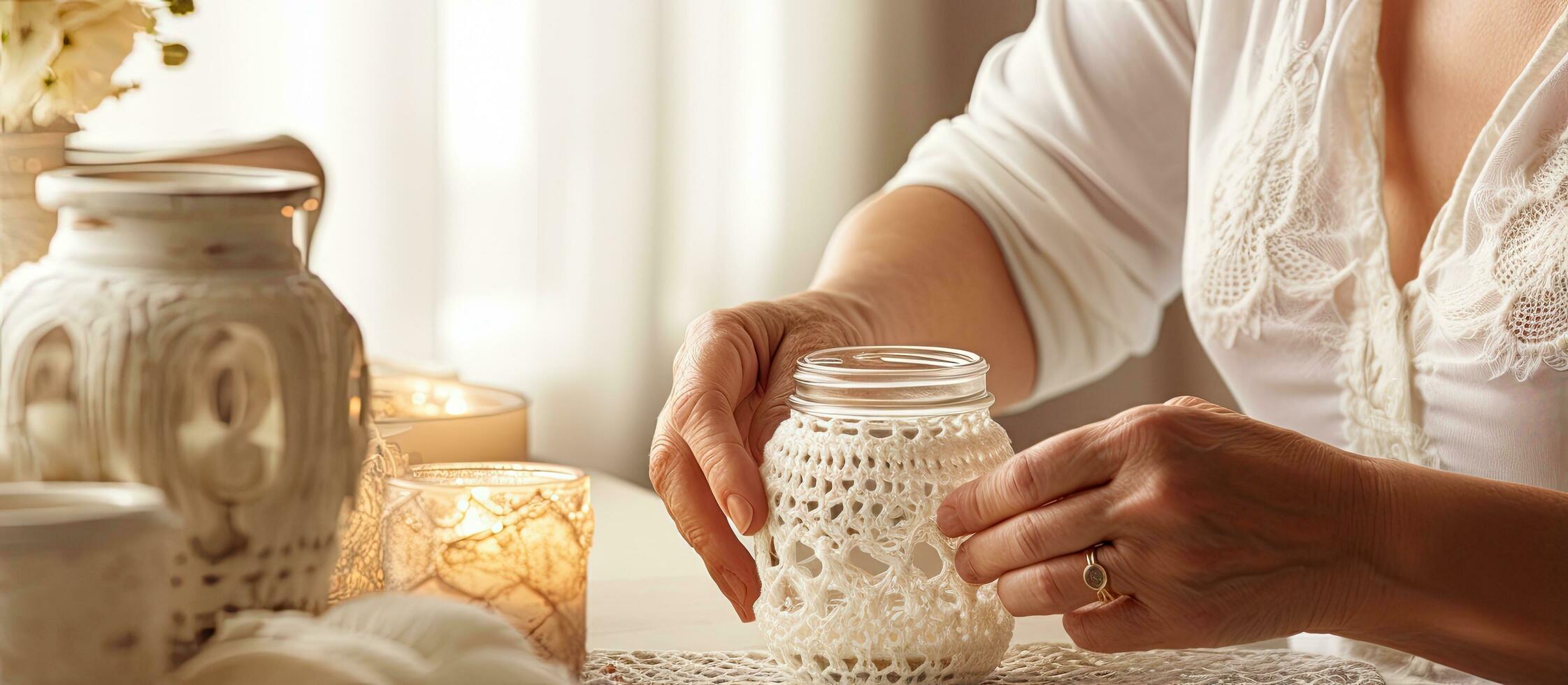 mezzo anziano donna utilizzando bianca macramé per finire decorazione bicchiere vaso foto