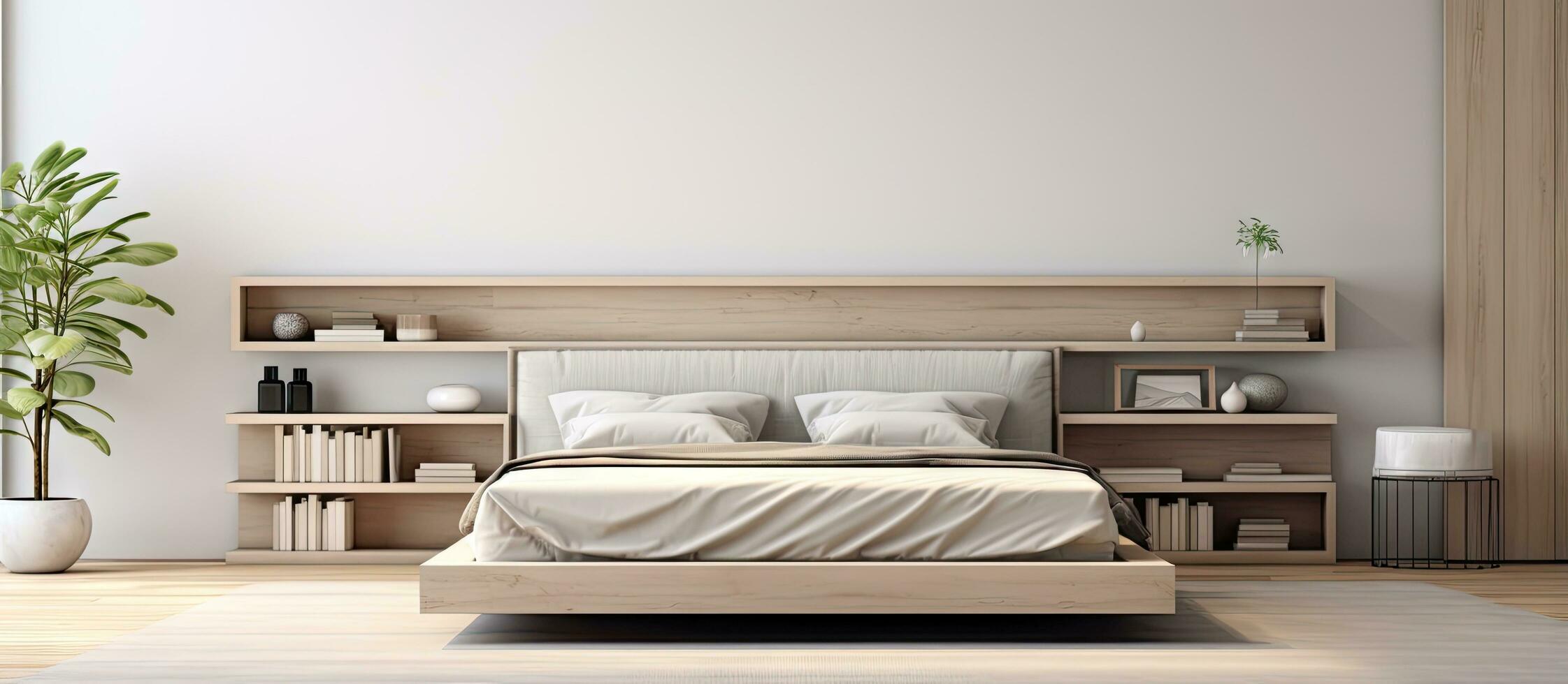 un' minimalista Camera da letto con bianca muri di legno pavimento grigio re dimensione letto con beige copertina grigio libreria con vasi e libri e un' verticale finto su manifesto telaio foto
