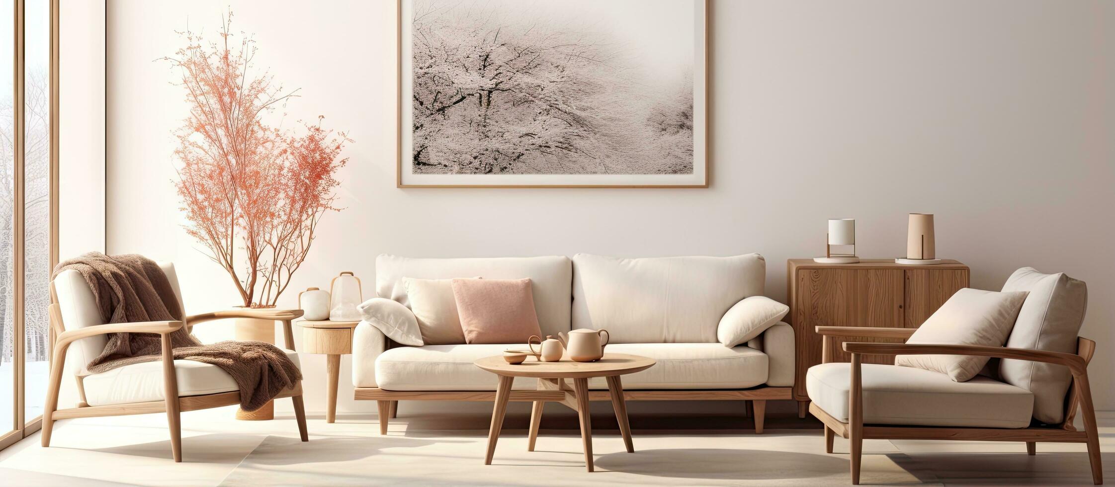 accogliente vivente camera con manifesto telaio caffè tavolo divano poltrona cremagliera magnolia vaso plaid e personale Accessori casa arredamento foto