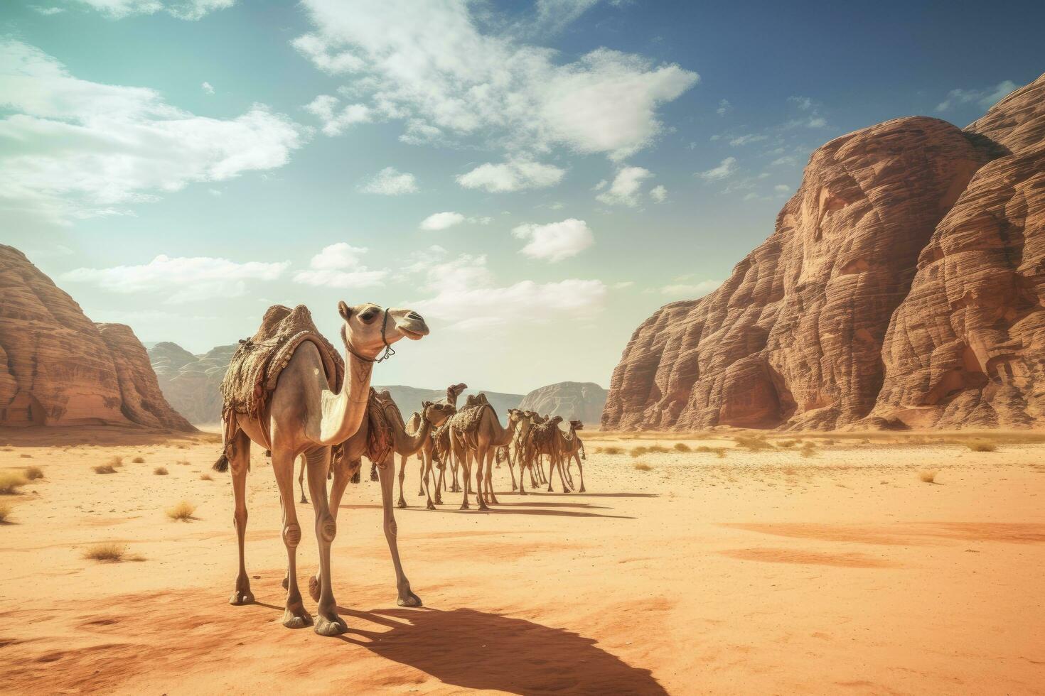 cammelli nel wadi Rum deserto, Giordania. Vintage ▾ filtro. cammelli nel wadi Rum deserto, Giordania nel un' estate giorno, ai generato foto