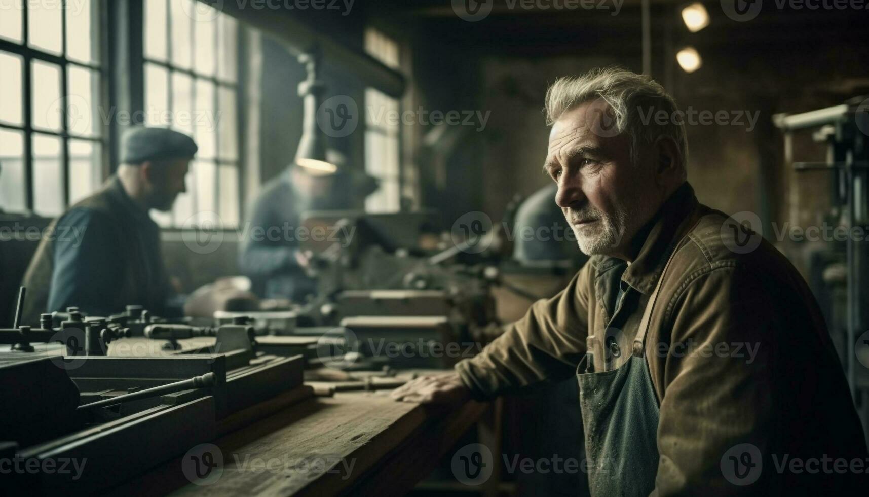 caucasico falegname sapientemente lavorazione con precisione nel il suo laboratorio generato di ai foto