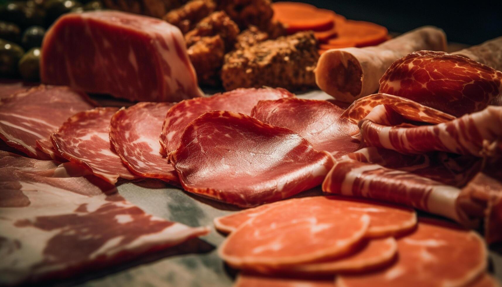 freschezza e abbondanza di buongustaio carne su rustico di legno tavolo generato di ai foto