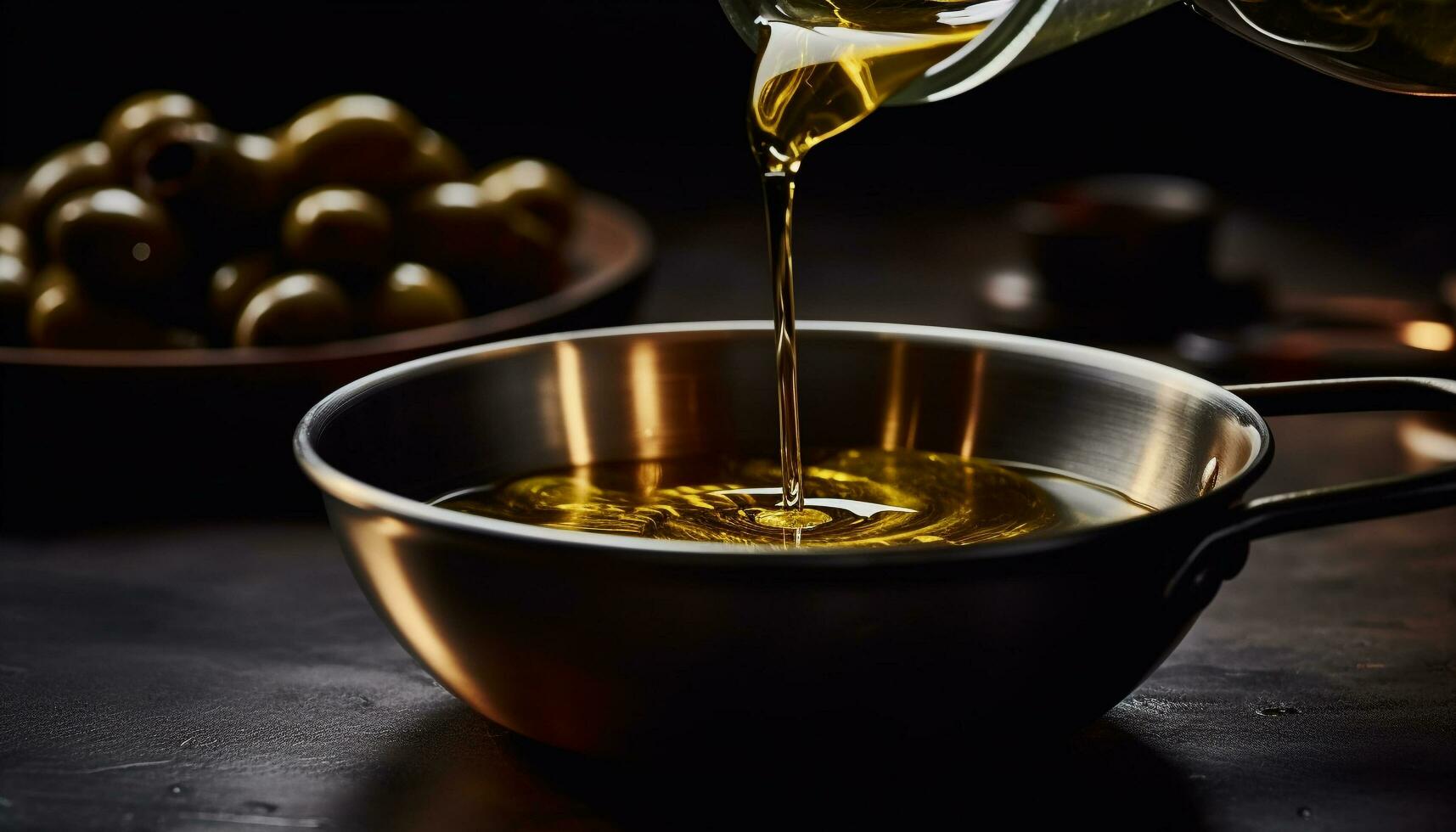 scrosciante oliva olio in un' ciotola, fresco e buongustaio cucinando generato di ai foto